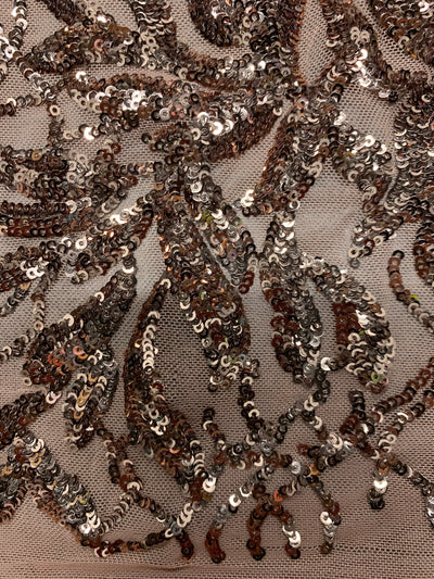 Frances BRONZE Vines and Leaves Sequins on DUSTY PINK Mesh Lace Fabric by the Yard - 10153