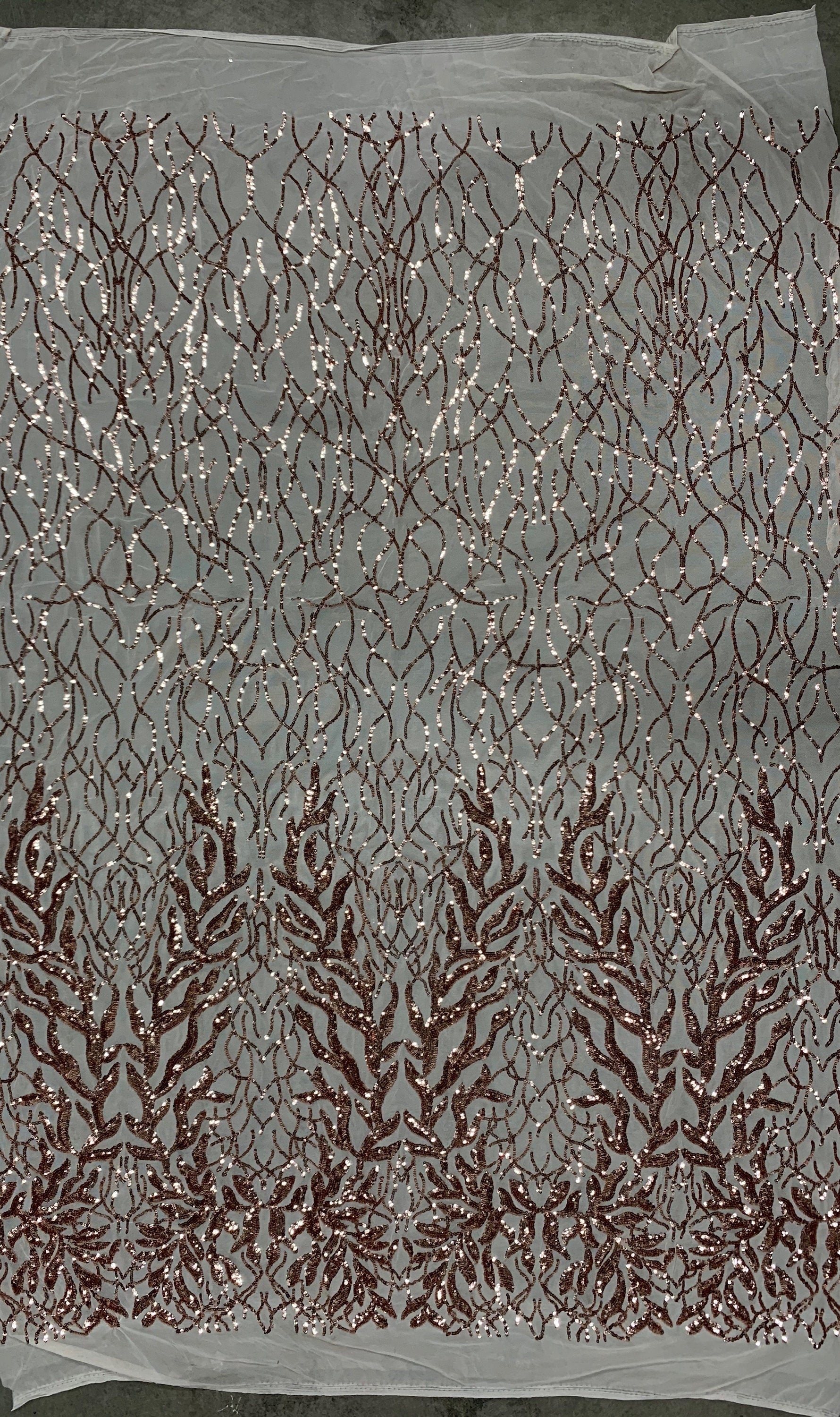 Frances COPPER Vines and Leaves Sequins on Mesh Lace Fabric by the Yard - 10153