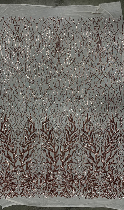 Frances COPPER Vines and Leaves Sequins on Mesh Lace Fabric by the Yard - 10153