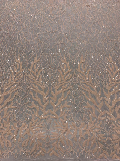 Frances LIGHT PEACH Vines and Leaves Sequins on Mesh Lace Fabric by the Yard - 10153