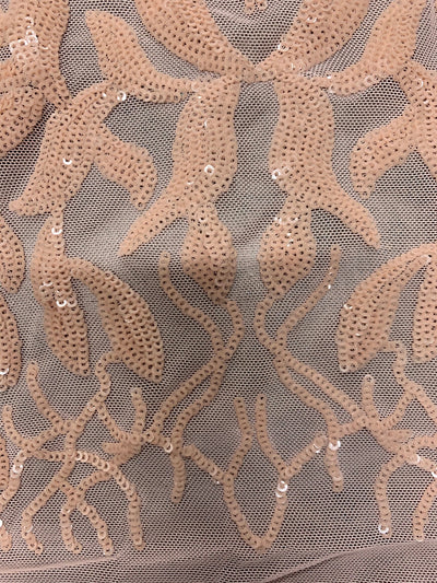 Frances LIGHT PEACH Vines and Leaves Sequins on Mesh Lace Fabric by the Yard - 10153