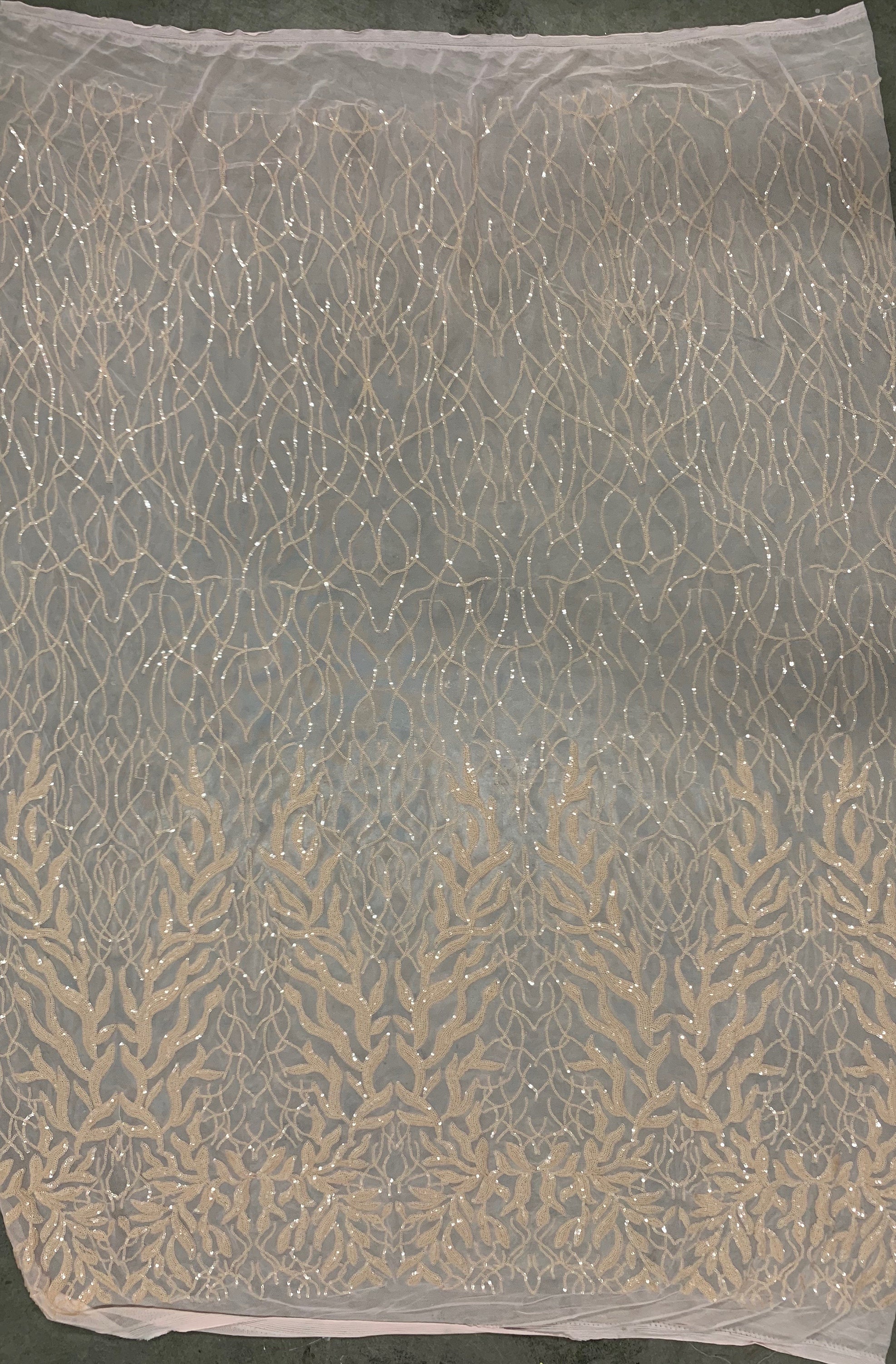 Frances LIGHT PEACH Vines and Leaves Sequins on Mesh Lace Fabric by the Yard - 10153