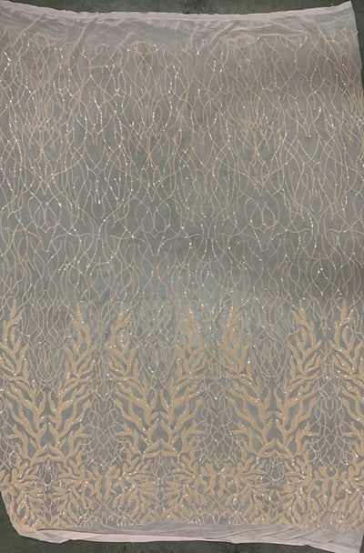 Frances LIGHT PEACH Vines and Leaves Sequins on Mesh Lace Fabric by the Yard - 10153