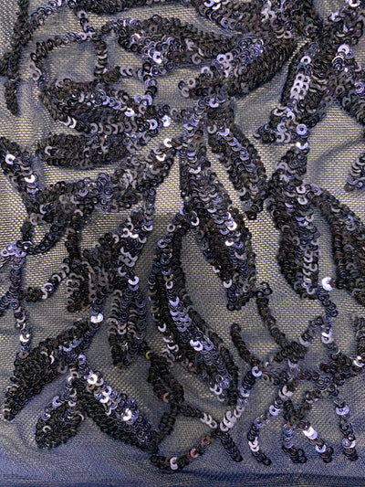 Frances NAVY BLUE Vines and Leaves Sequins on Mesh Lace Fabric by the Yard - 10153