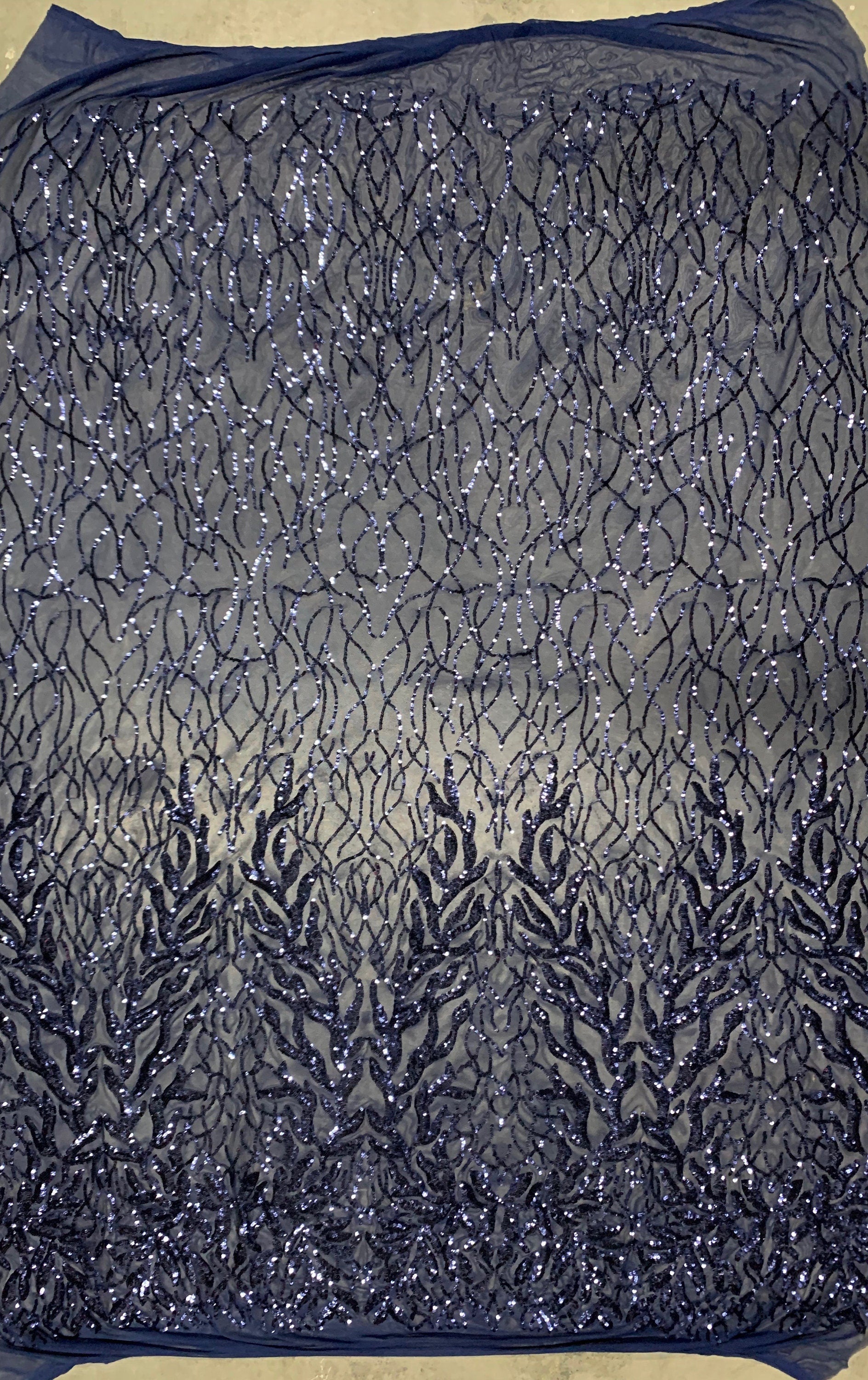 Frances NAVY BLUE Vines and Leaves Sequins on Mesh Lace Fabric by the Yard - 10153