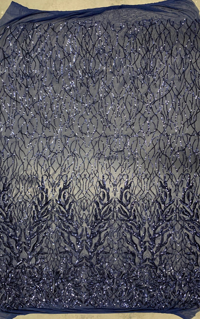 Frances NAVY BLUE Vines and Leaves Sequins on Mesh Lace Fabric by the Yard - 10153