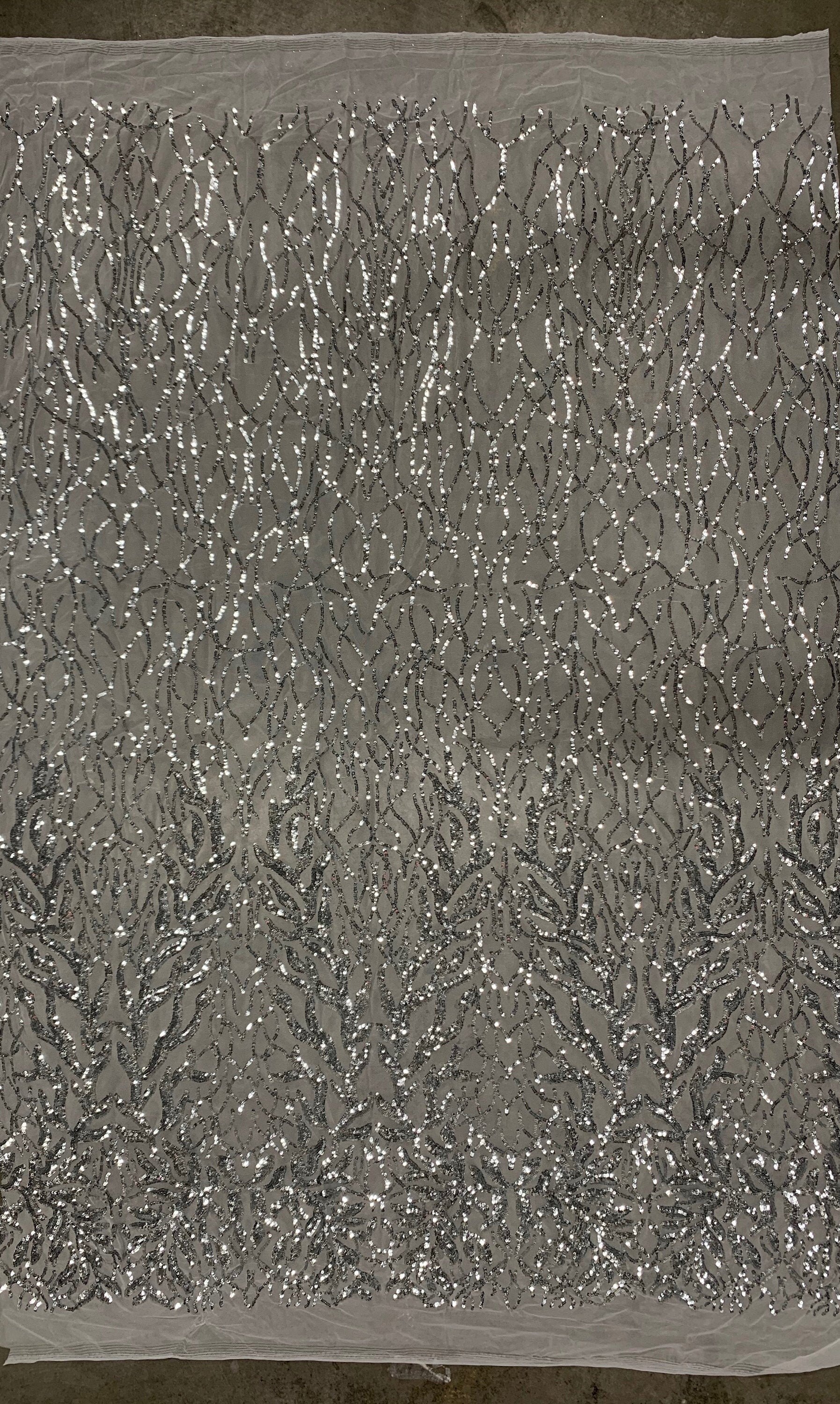 Frances SILVER Vines and Leaves Sequins on Mesh Lace Fabric by the Yard - 10153