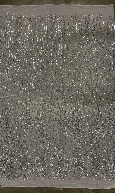 Frances SILVER Vines and Leaves Sequins on Mesh Lace Fabric by the Yard - 10153