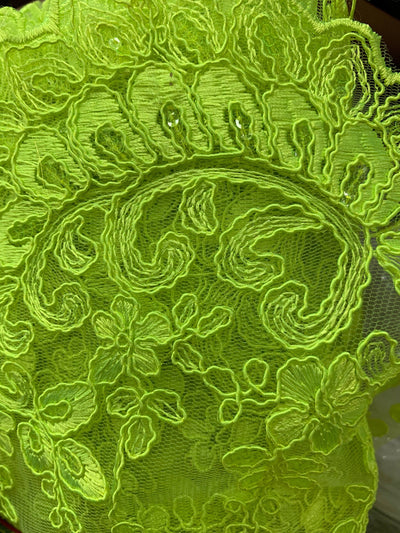 Melody NEON LIME GREEN Polyester Floral Embroidery with Sequins on Mesh Lace Fabric by the Yard for Gown, Wedding, Bridesmaid, Prom - 10002