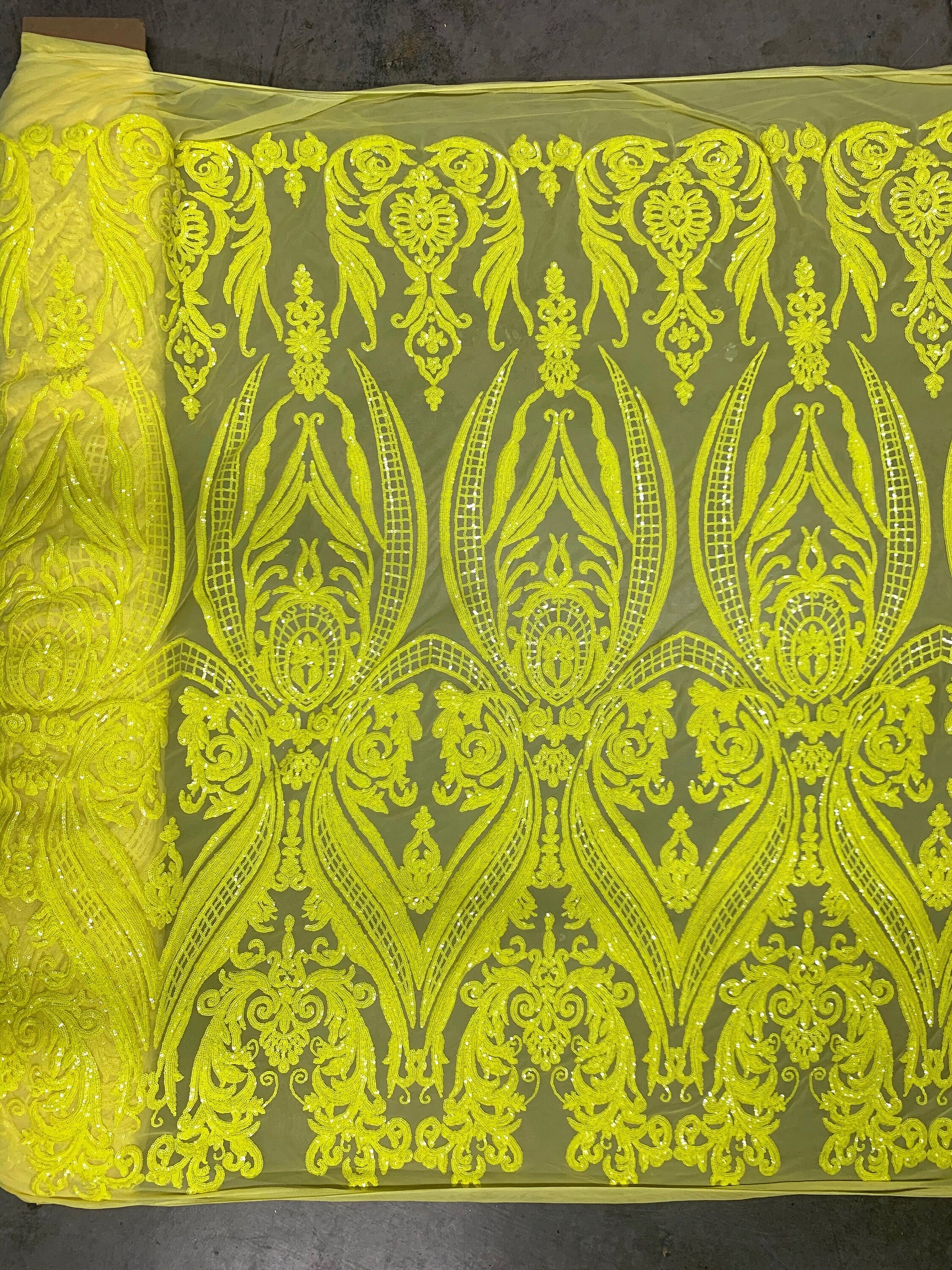 Alaina BRIGHT YELLOW Curlicue Sequins on Mesh Lace Fabric by the Yard - 10018 New Fabrics Daily