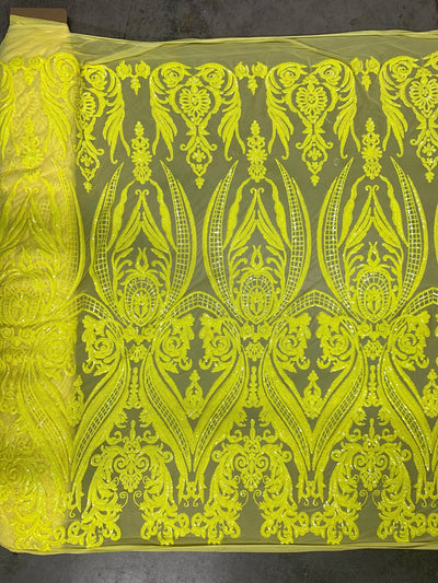 Alaina BRIGHT YELLOW Curlicue Sequins on Mesh Lace Fabric by the Yard - 10018 New Fabrics Daily