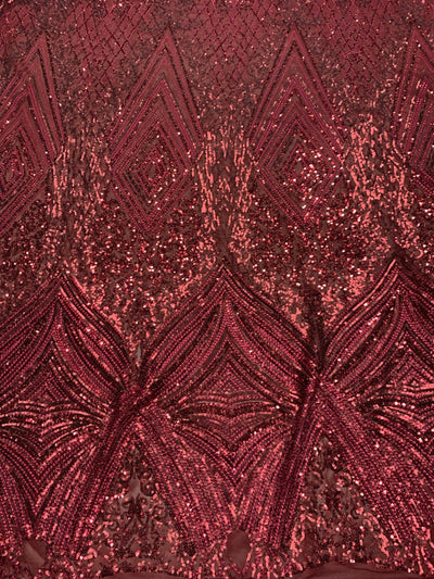 Averie BURGUNDY Geometric Butterfly Sequins on Mesh Lace Fabric by the Yard - 10113