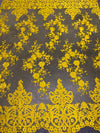 Teagan BRIGHT YELLOW Damask Design Embroidered on Mesh Lace Fabric by the Yard - 10027