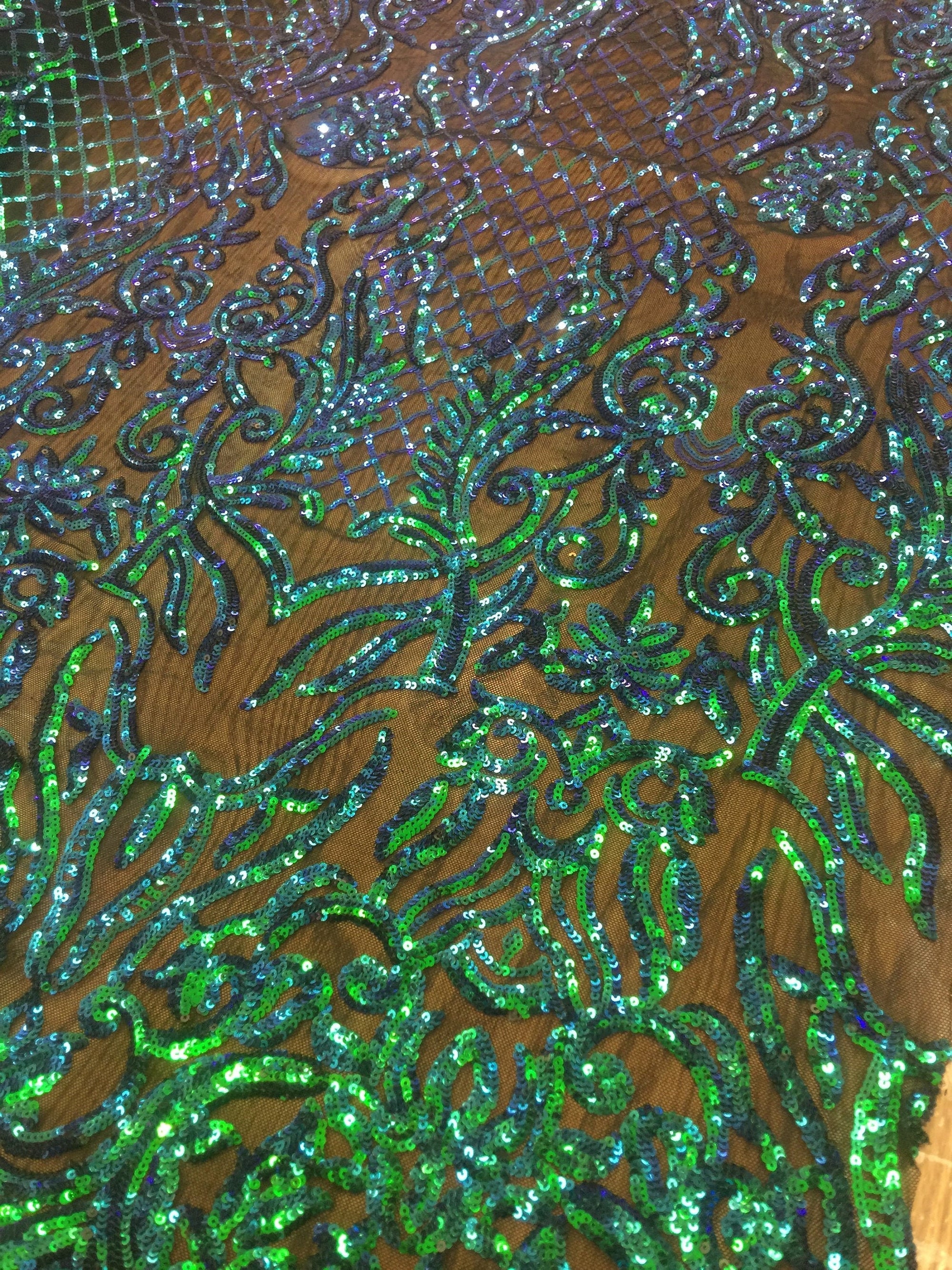 Phoebe IRIDESCENT GREEN BLUE Sequins on Mesh Lace Fabric by the Yard - 10062