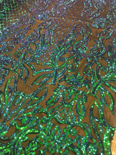 Phoebe IRIDESCENT GREEN BLUE Sequins on Mesh Lace Fabric by the Yard - 10062