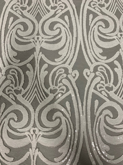 Elsie WHITE Curlicue Sequins on Mesh Lace Fabric by the Yard - 10112