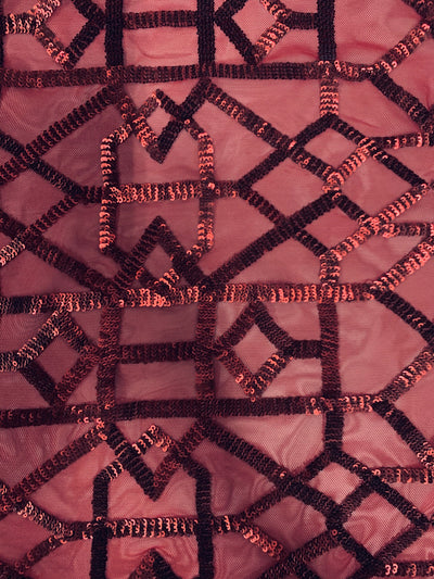 Meredith BURGUNDY Trellis Pattern Sequins on Mesh Lace Fabric by the Yard - 10146