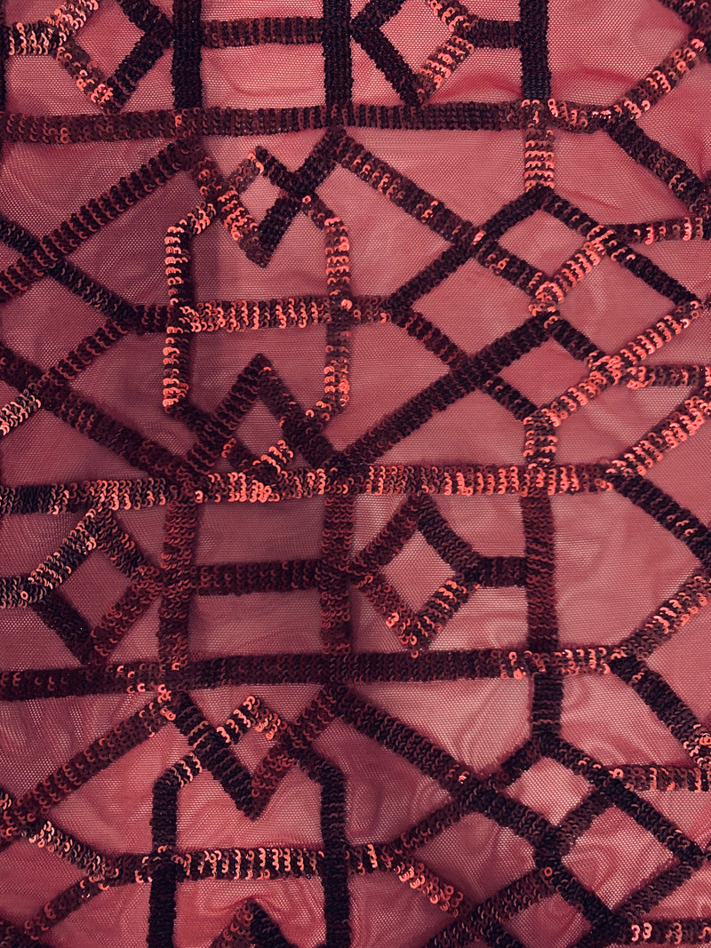 Meredith BURGUNDY Trellis Pattern Sequins on Mesh Lace Fabric by the Yard - 10146