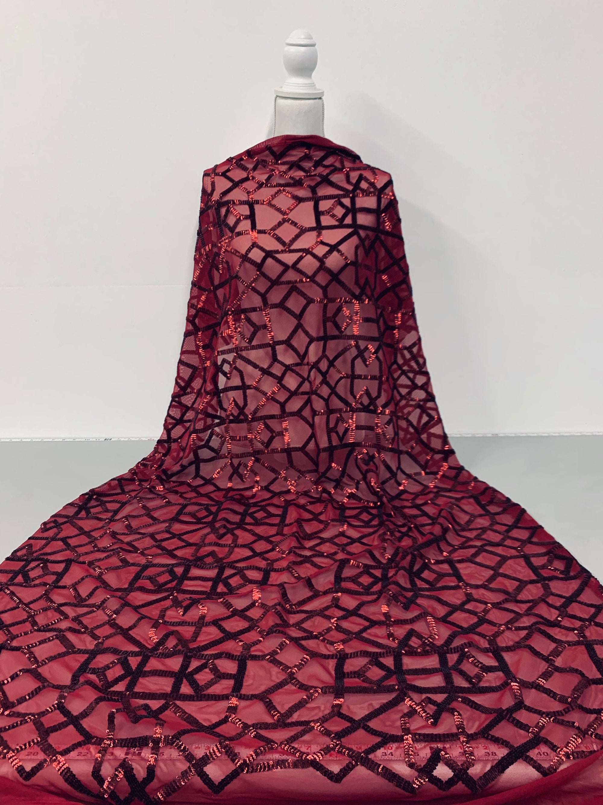 Meredith BURGUNDY Trellis Pattern Sequins on Mesh Lace Fabric by the Yard - 10146