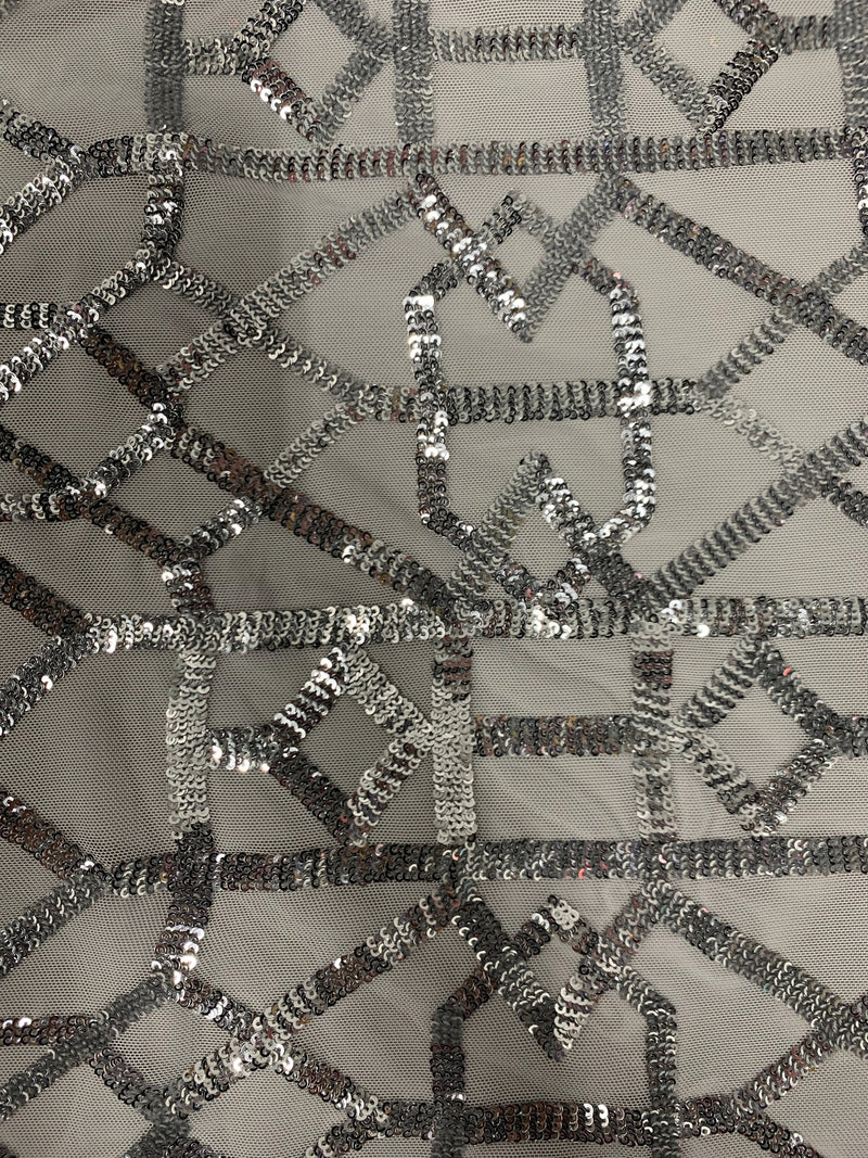 Meredith SILVER Trellis Pattern Sequins on Mesh Lace Fabric by the Yard - 10146