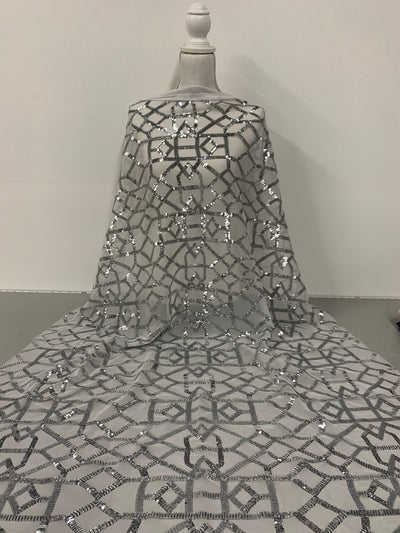 Meredith SILVER Trellis Pattern Sequins on Mesh Lace Fabric by the Yard - 10146