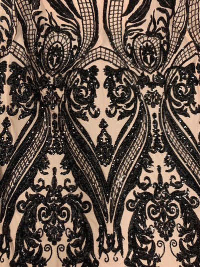 Alaina BLACK Curlicue Sequins on NUDE Mesh Lace Fabric by the Yard - 10018
