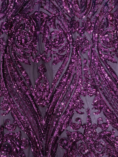 Alaina PLUM Curlicue Sequins on Mesh Lace Fabric by the Yard - 10018