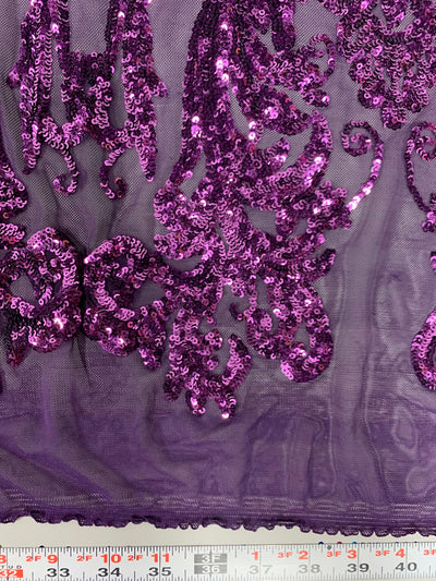 Alaina PLUM Curlicue Sequins on Mesh Lace Fabric by the Yard - 10018