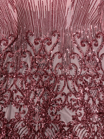 Angelica DUSTY PINK Curlicues and Leaves Sequins on Mesh Lace Fabric by the Yard - 10132