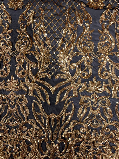 Phoebe GOLD Sequins on BLACK Mesh Lace Fabric by the Yard - 10062
