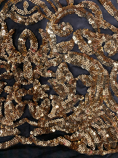 Phoebe GOLD Sequins on BLACK Mesh Lace Fabric by the Yard - 10062
