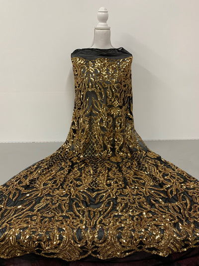 Phoebe GOLD Sequins on BLACK Mesh Lace Fabric by the Yard - 10062