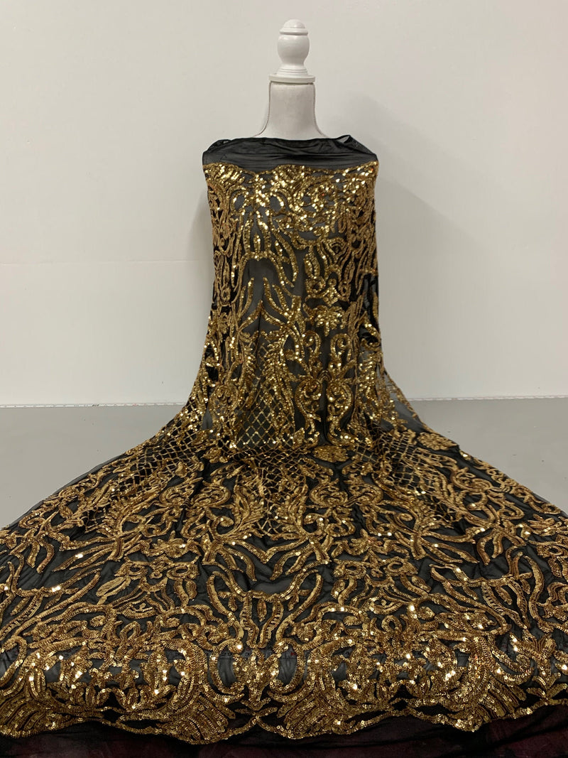 Phoebe GOLD Sequins on BLACK Mesh Lace Fabric by the Yard - 10062