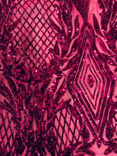 Francesca DARK PINK Vines and Diamonds Pattern Sequins on Dark Pink Mesh Lace Fabric by the Yard - 10130