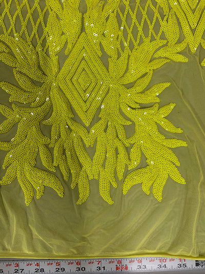 Francesca BRIGHT YELLOW Vines and Diamonds Pattern Sequins on Mesh Lace Fabric by the Yard - 10130