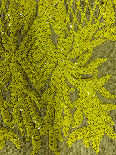 Francesca BRIGHT YELLOW Vines and Diamonds Pattern Sequins on Mesh Lace Fabric by the Yard - 10130