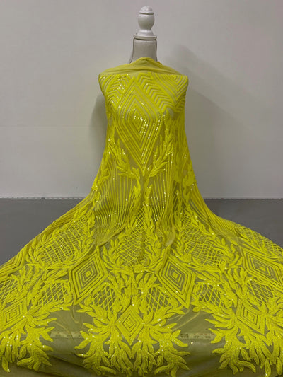 Francesca BRIGHT YELLOW Vines and Diamonds Pattern Sequins on Mesh Lace Fabric by the Yard - 10130