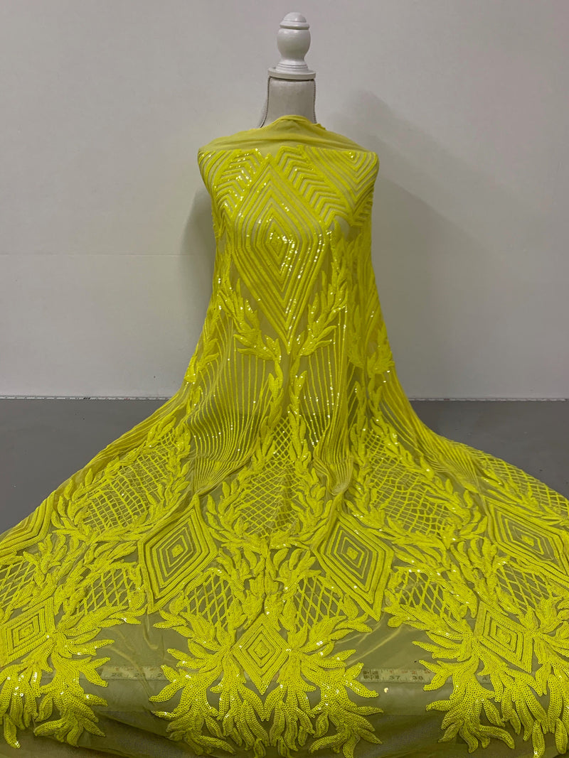Francesca BRIGHT YELLOW Vines and Diamonds Pattern Sequins on Mesh Lace Fabric by the Yard - 10130