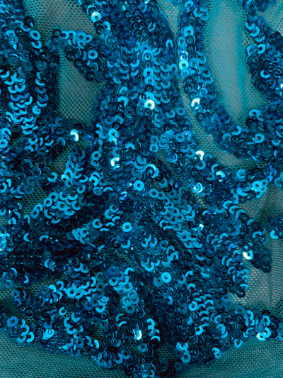 Phoebe TURQUOISE Sequins on Mesh Lace Fabric by the Yard - 10062
