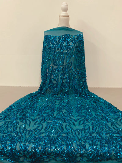Phoebe TURQUOISE Sequins on Mesh Lace Fabric by the Yard - 10062