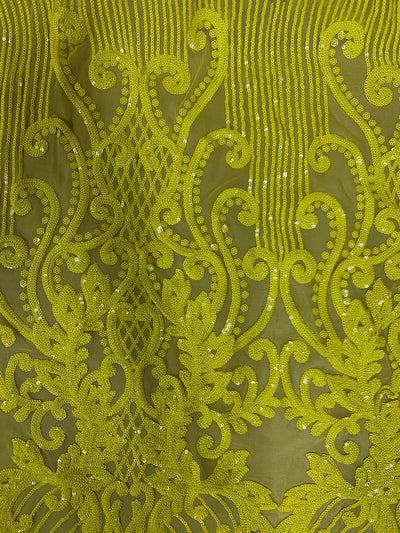 Angelica BRIGHT YELLOW Curlicues and Leaves Sequins on Mesh Lace Fabric by the Yard - 10132