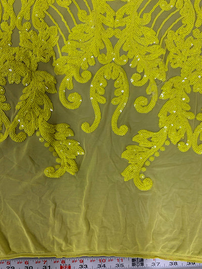 Angelica BRIGHT YELLOW Curlicues and Leaves Sequins on Mesh Lace Fabric by the Yard - 10132