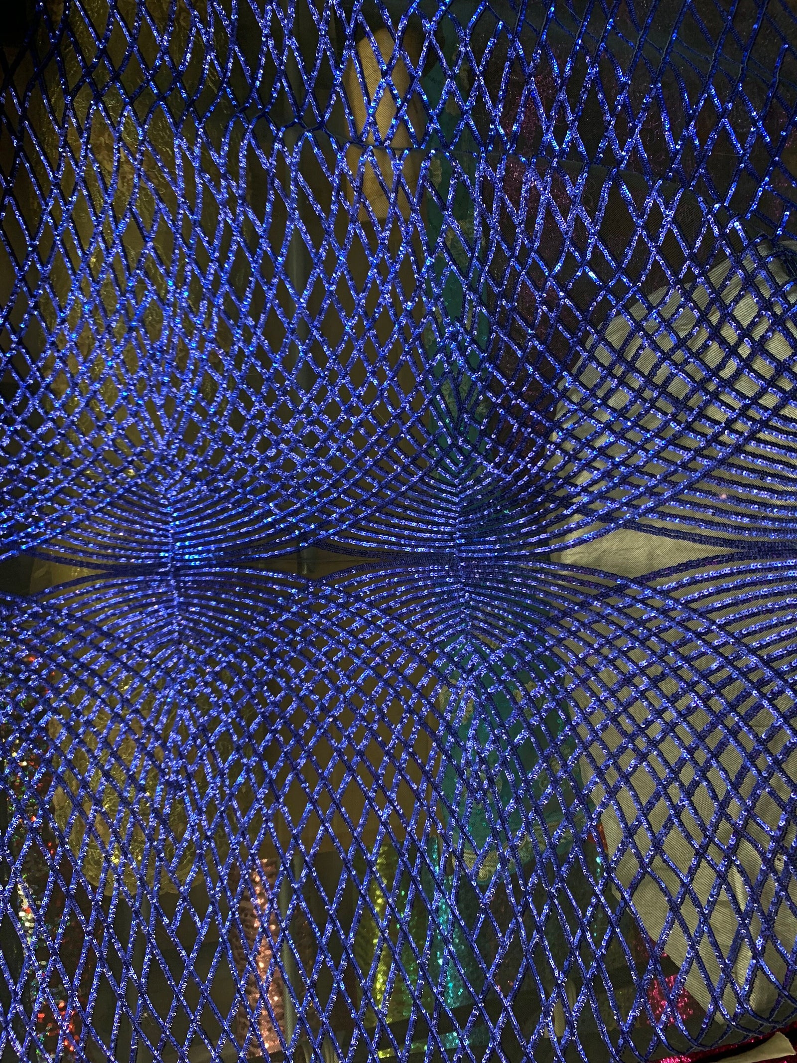 Jordyn ROYAL BLUE Diamond Sequins on BLACK Mesh Lace Fabric by the Yard - 10008