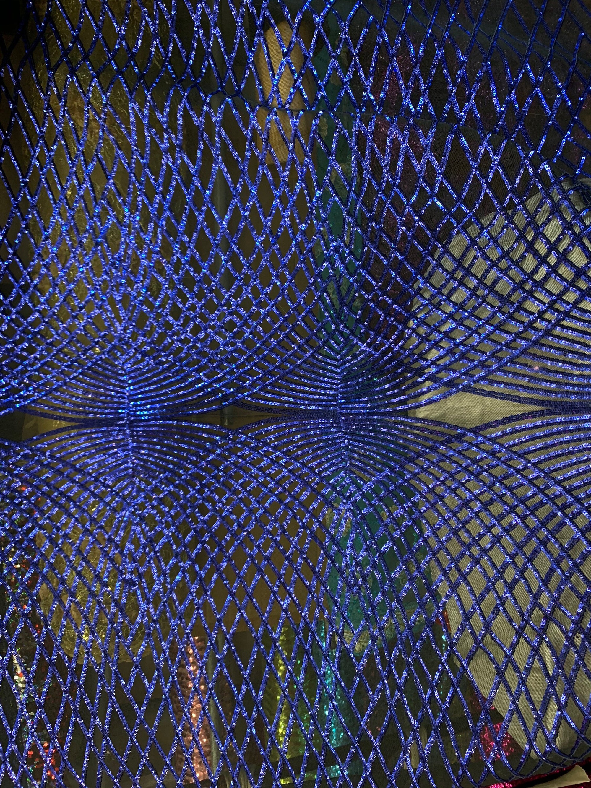 Jordyn ROYAL BLUE Diamond Sequins on BLACK Mesh Lace Fabric by the Yard - 10008