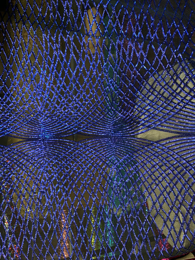 Jordyn ROYAL BLUE Diamond Sequins on BLACK Mesh Lace Fabric by the Yard - 10008