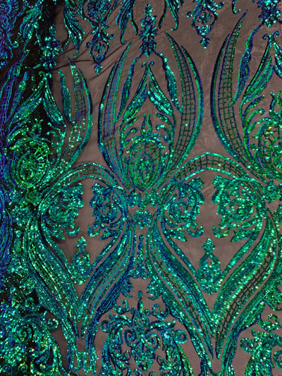 Alaina IRIDESCENT GREEN BLUE Mermaid Curlicue Sequins on Mesh Lace Fabric by the Yard - 10018