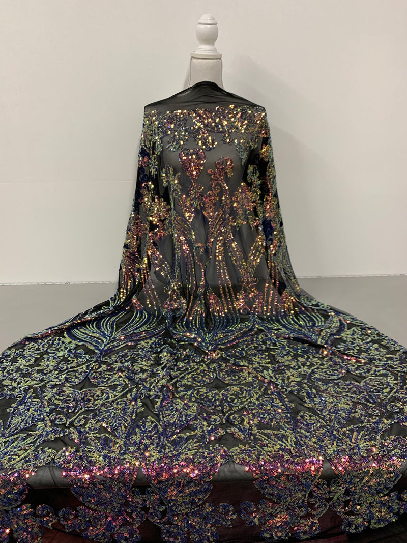 Kara RAINBOW Hearts and Flowers Sequins on Mesh Lace Fabric by the Yard - 10148