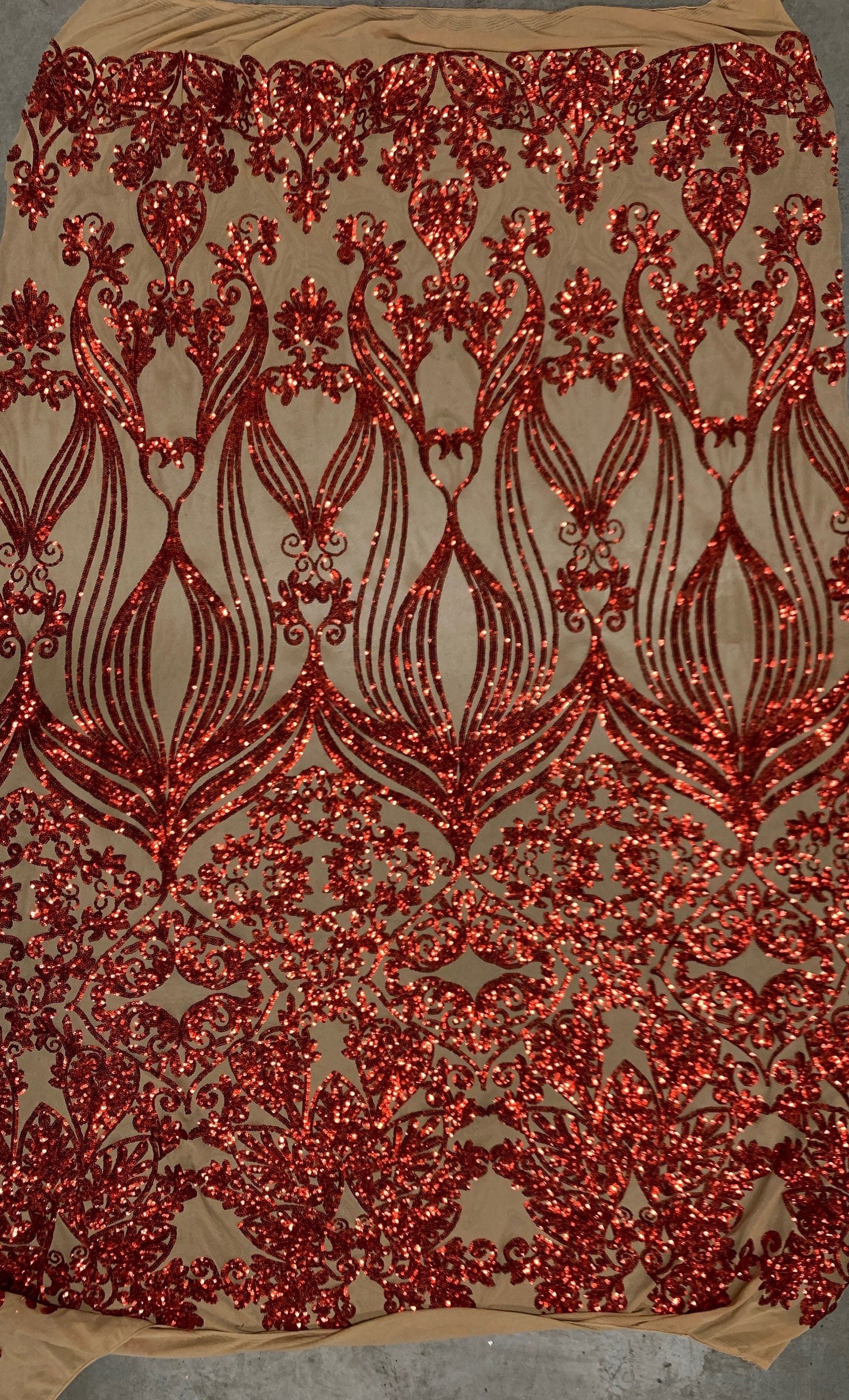 Kara RED Hearts and Flowers Sequins on NUDE Mesh Lace Fabric by the Yard - 10148