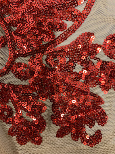 Kara RED Hearts and Flowers Sequins on NUDE Mesh Lace Fabric by the Yard - 10148