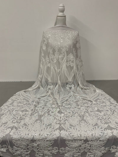 Kara WHITE Hearts and Flowers Sequins on Mesh Lace Fabric by the Yard - 10148